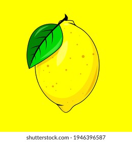 Lemon on a yellow background with a leaf.