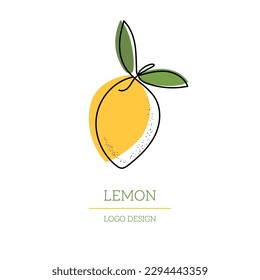Lemon One Continuous Line design Logo with colorful shapes. Single Line Art Citrus Fruit concept. Hand Draw simple outline style. Vector illustration for cafe, shop, web site, card