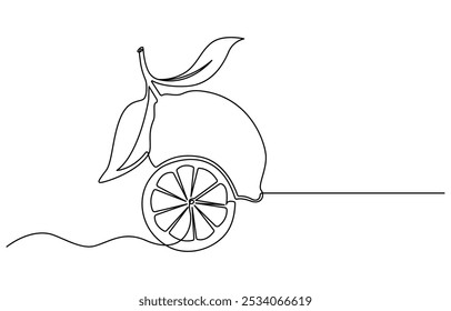 Limão em uma linha. O conceito de alimentação saudável, frutas, citros. Design minimalista. Gráficos vetoriais, O limão é desenhado com uma linha contínua sobre um fundo branco