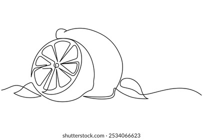 Zitrone in einer Linie. Das Konzept der gesunden Ernährung, Früchte, Zitrusfrüchte. Minimalistisches Design. Vektorgrafiken, Die Zitrone wird mit einer durchgehenden Linie auf weißem Hintergrund gezeichnet