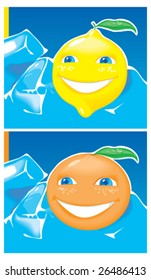 Lemon and orange in blue ice. Vector illustration.