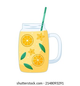 Lemon, orange citrus drink in a transparent glass jug with a straw and slices of exotic fruit. Summer and healthy beverage in cartoon style on a white background. Vector illustration