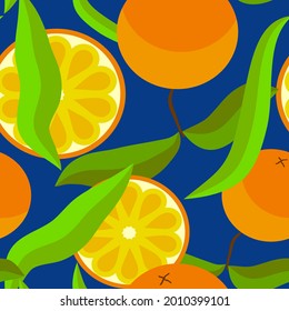 lemon orange citrus with leaves seamless fruit pattern on blue background, summer vibes, cut and whole