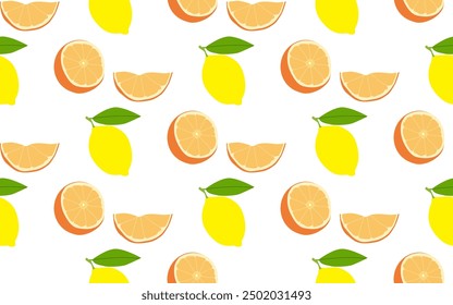 Lemon and orange fruit isolated on a white background. Seamless pattern. Hand-drawn citrus fruits. Background for textile, paper, cover, dishes, interior decor.