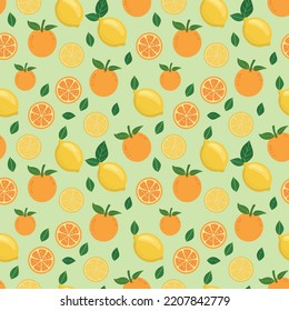 lemon and orange fruits seamless pattern in green background