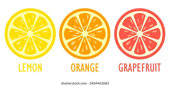 Lemon orange and grapefruit slice vector icons set isolated on white background. Colorful flat illustration of fresh juicy fruits, cross section cartoons.