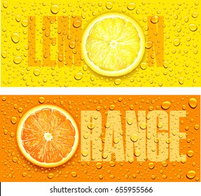 lemon and orange juice background with water drops