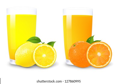 Lemon And Orange Juice And Slices Of Orange With Gradient Mesh, Isolated On White Background, Vector Illustration