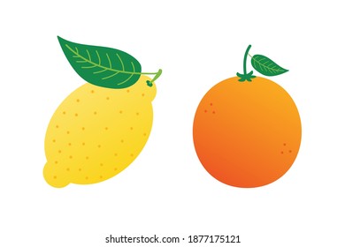 Zitrone und Orange mit Blättern. Vektorgrafik-Stil Zitrusfrüchte Illustrationen, Symbole. 
