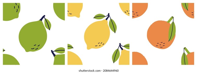 Zitrone, Orange und Kalk. Zitrusfrüchte nahtloses Musterbündel. Kollektion von Farbillustrationen im handgezeichneten Stil. Vektorhintergrundsatz