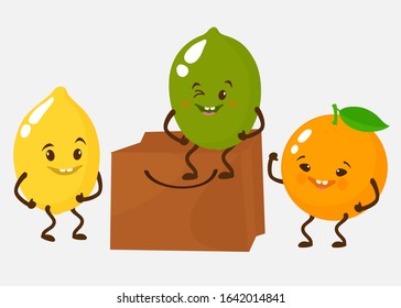 Lemon, Orange, Lime. Cute, attractive, funny characters climb into the package. Vector illustration. For packaging, brochures, advertising, design, banner, label.