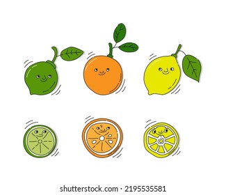 Limón, naranja y lima con una sonrisa de fondo blanco. El feto de cítricos completos y su mitad. Esbozo de caricatura. Estilo de doodle a mano libre con línea de contorno negro. Botella vectorial atracada a mano. Bebidas de fiesta