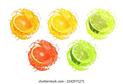 Lemon, orange, lime, grapefruit and bergamot juice with splash. Citrus fruit slices with liquid swirls. Realistic 3d vector juice vitamin drink splash whirl with droplets. Isolated beverage and fruits