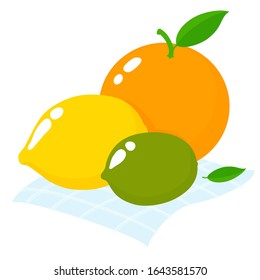 Limón, Naranja, Lime. Conjunto de cítricos en una servilleta. Ilustración vectorial. Para embalaje, folletos, publicidad, diseño, banner, etiqueta.