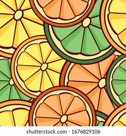 Lemon, orange, lime slices. Digital illustration, seamless pattern for invitations, backgrounds, cards, wallpapers, designs, textile, wrapping paper
