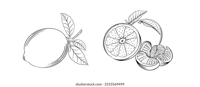 Lemon and Orange Sketch Vector Line Drawing of Citrus Fruits and Food Design, organic packaging and healthy food branding vector illustration