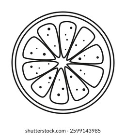 lemon or orange slice in line art style, tropical summer citrus fruit piece, flat vector illustration isolated on white background