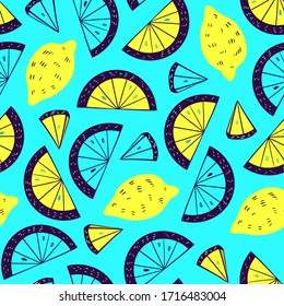 Lemon and orange slice seamless pattern. Citrus fruit turquoise background in colorful cartoon style. Juicy tasty appetizing illustration. Fresh up, refresh concept. Food design.
