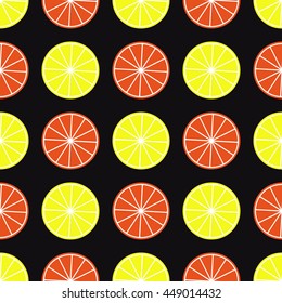 Lemon and orange slices on black background. Citrus seamless pattern.