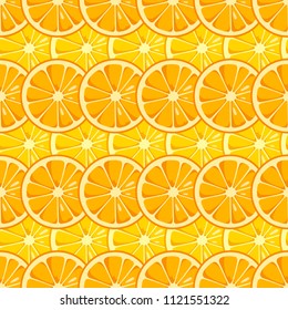 Lemon and orange slices seamless pattern. Yellow and orange colors. Citrus fruit background. Summer bright colors, juicy fresh background. Tasty summer background. Vector color illustration.