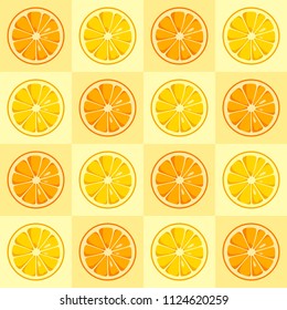 Lemon and orange slices seamless pattern. Citrus fruit background. Cute style. Summer bright colors, juicy fresh background, design elements. Tasty summer background. Vector color illustration.