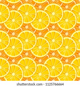 Lemon and orange slices seamless pattern. Yellow and orange colors. Citrus fruit background. Summer bright colors, juicy fresh background. Tasty summer background. Vector color illustration.