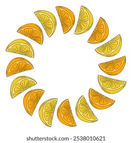 Lemon and orange slices in trendy Pop Art with black stroke. Round Frame border. Copy space Template