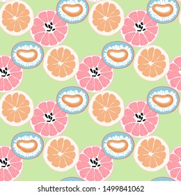 Lemon and Orange Vector Fruit Seamless Pattern. Summer Citrus Tropical Kitchen Background. Fresh Lime Slice Vintage Texture.