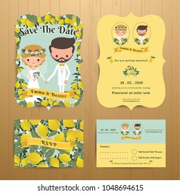 Lemon orchard theme wedding couple bride & groom, bohemian summer style, save the date card