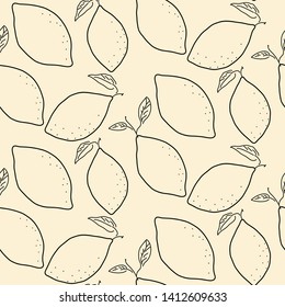 Lemon outline citrus seamless vector background. Line style fruit seamless pattern.