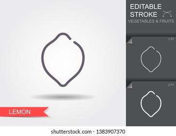 Lemon. Outline icon with editable stroke. Linear symbol of the food with shadow