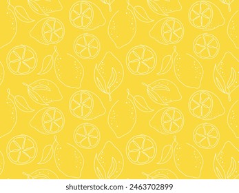 Lemon outline seamless pattern. White contour of slices citrus on yellow background. Doodle fresh fruit illustration. Ornament for packaging, cover, wallpaper