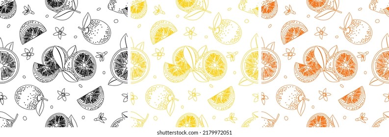Lemon outline seamless patterns set. Vector.