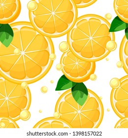 Lemon overlapping slices and halves with leaves and lemonade bubbles seamless pattern on white background. Vector illustration.