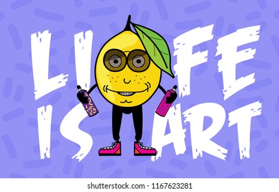 Lemon with paint cans, cartoon poster, funny monster, life is art