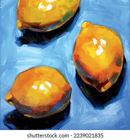lemon painting, citrus drawing, oil painting on canvas lemons, vector
