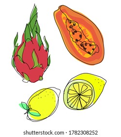 Lemon, papaya and dragon fruit vector set graphics illustration