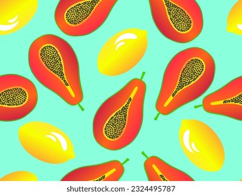 Lemon and papaya seamless pattern. Summer exotic fruit mix of papaya and lemon. Papaya with seeds. Design for banners, posters and promotional items. Vector illustration