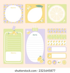 Lemon paper notes, stickers, sticky sheets and tape. Vector set of stationery.