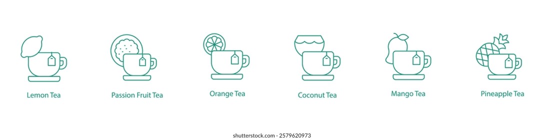 Lemon, Passion Fruit, Orange, Coconut, Mango, and Pineapple Tea Icon Set