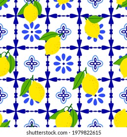 Lemon pattern. Citrus fruit on ceramic tile pattern made in Mediterranean style inspired by Portuguese, Sicilian and Spanish tile traditional design. Vector seamless blue yellow background. 