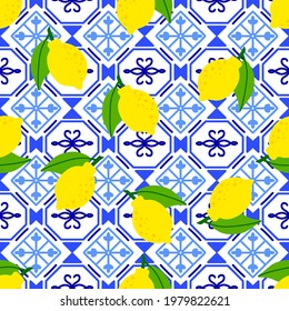 Lemon pattern. Citrus fruit on ceramic tile pattern made in Mediterranean style inspired by Portuguese, Sicilian and Spanish tile traditional design. Vector seamless blue yellow background. 
