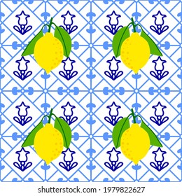 Lemon pattern. Citrus fruit on ceramic tile pattern made in Mediterranean style inspired by Portuguese, Sicilian and Spanish tile traditional design. Vector seamless blue yellow background. 