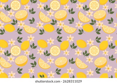  Lemon pattern with citrus fruits, flowers, and green leaves on soft purple background illustration
