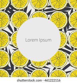 Lemon pattern. Colorful summer fruit vector illustration on palm leaves background.