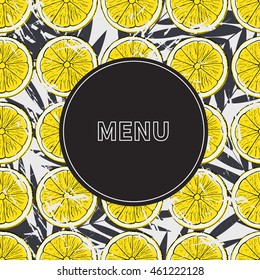Lemon pattern. Colorful summer fruit vector illustration on palm leaves background.