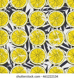 Lemon pattern. Colorful summer fruit vector illustration on palm leaves background.