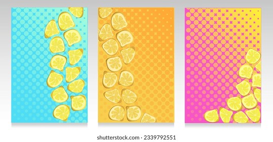 Lemon pattern cover set. Funny distorted citrus template on a dotted background. Vibrant and saturated colors. Summer and surreal concept.