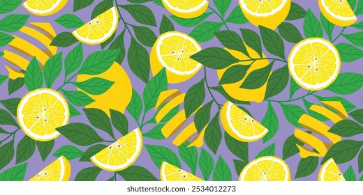 Lemon pattern design with leaf and color background. Flat vector illustration and design for fabric, textile, fashion, wallpaper, wrapping and all prints.