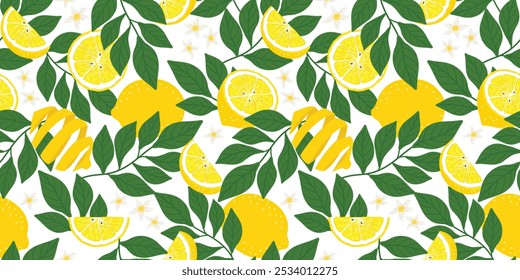 Lemon pattern design with leaf and color background. Flat vector illustration and design for fabric, textile, fashion, wallpaper, wrapping and all prints.